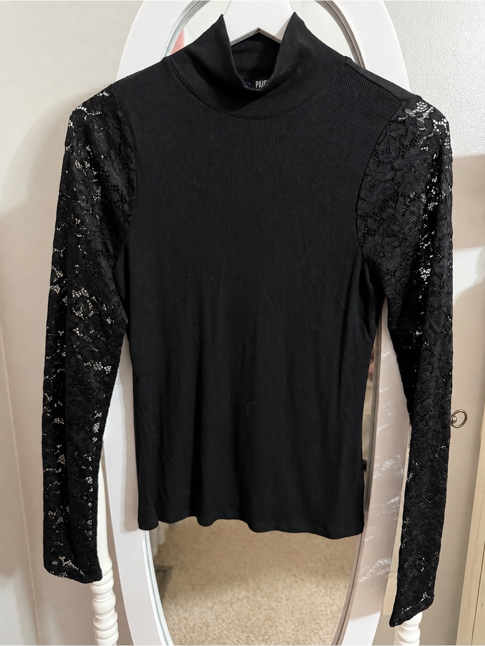 PAIGE Black Lace-Sleeve Ribbed Turtleneck Top